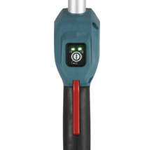 Handgriff eines Elektrogeräts mit blauem Gehäuse, schwarzem Griff, rotem Hebel und Bedienfeld mit zwei grünen Leuchten für Stufen eins und zwei.