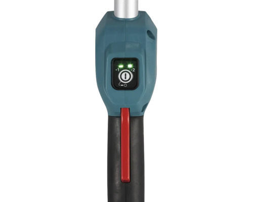 Handgriff eines Elektrogeräts mit blauem Gehäuse, schwarzem Griff, rotem Hebel und Bedienfeld mit zwei grünen Leuchten für Stufen eins und zwei.