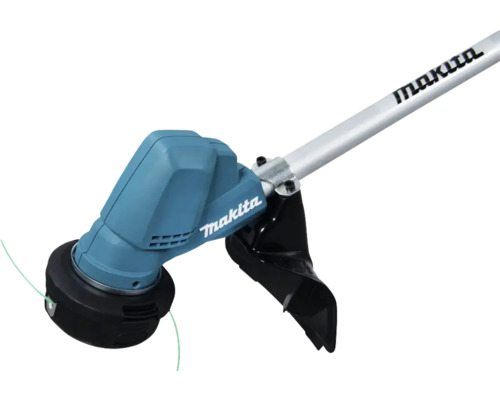 Makita Rasentrimmerkopf mit grünem Nylonfaden, schwarzer Schutzhaube und silbernem Metallschaft.
