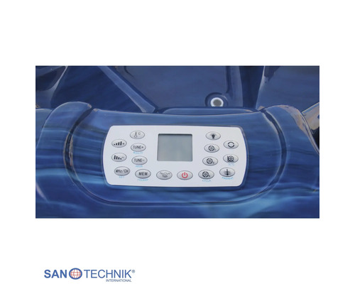 Bedienteil für Whirlpool mit digitaler Anzeige und Funktionstasten für Temperatur, Massage und Licht. Sanotechnik International Logo.