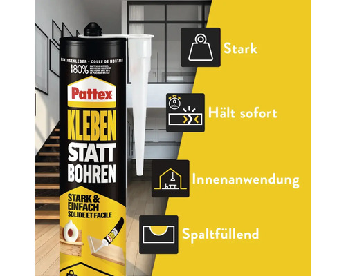 Pattex Montagekleber Kleben statt Bohren für Innenanwendungen, starker Halt, sofortige Haftung und spaltfüllend.