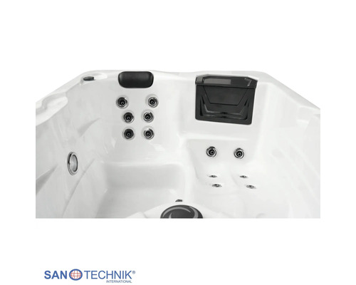 Sanotechnik Whirlpool Innenansicht mit Massagedüsen, Kopfstütze und Filterfach. Sanotechnik International Logo.