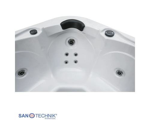 Sanotechnik Whirlpool-Badewanne mit Nackenstütze und Massagedüsen. Sanotechnik Logo.