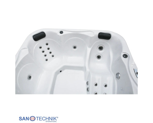 Sanotechnik Whirlpool Innenansicht mit Massagedüsen, schwarzen Kopfstützen und Bedienpanel.