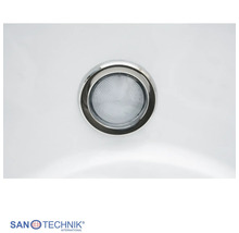 Runde LED-Leuchte für Whirlpools mit verchromtem Ring, Sanotechnik Logo.
