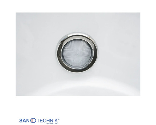 Runde LED-Leuchte für Whirlpools mit verchromtem Ring, Sanotechnik Logo.