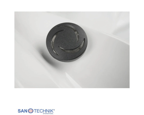 Sanotechnik Massagedüse für Whirlpool in Schwarz mit Spiraldesign. Sanotechnik Logo.