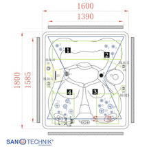 Technische Zeichnung eines Whirlpools mit Maßen 1800 mal 1600 Millimeter, Sanotechnik International Logo.