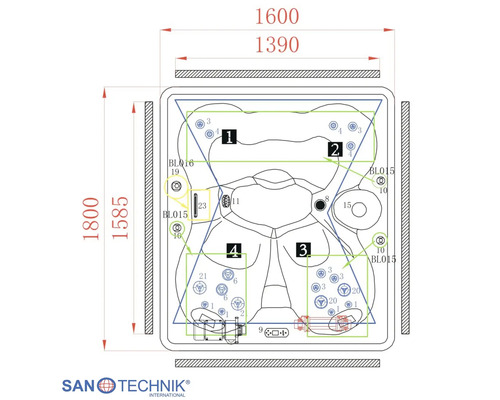 Technische Zeichnung eines Whirlpools mit Maßen 1800 mal 1600 Millimeter, Sanotechnik International Logo.