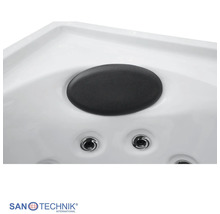 Whirlpool-Detail mit ovalem Nackenkissen und zwei Massagedüsen, Sanotechnik Logo.