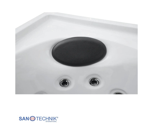 Whirlpool-Detail mit ovalem Nackenkissen und zwei Massagedüsen, Sanotechnik Logo.