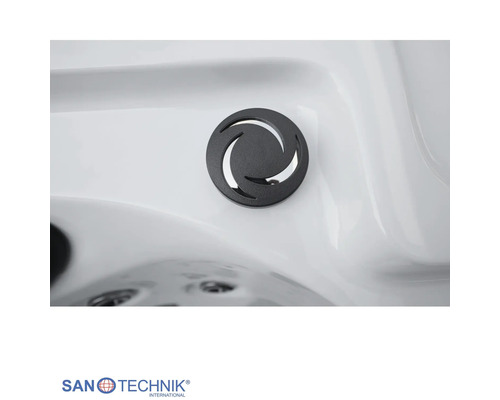 Sanotechnik Whirlpool-Düse in Schwarz mit spiralförmigem Design.