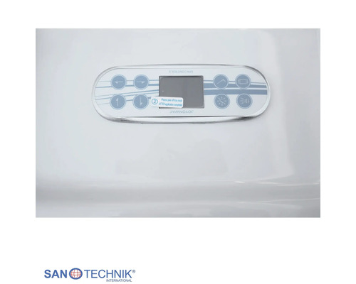 Sanotechnik International Logo und digitales Bedienfeld für Whirlpools mit Display und verschiedenen Funktionstasten.