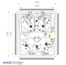 Technische Zeichnung eines Sanotechnik Whirlpools in der Draufsicht mit Maßen 1800 mal 2100 Millimeter. Sanotechnik International Logo.