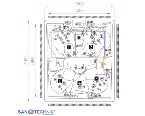 Technische Zeichnung eines Sanotechnik Whirlpools in der Draufsicht mit Maßen 1800 mal 2100 Millimeter. Sanotechnik International Logo.