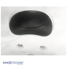 Nackenkissen für Whirlpool mit Massagedüsen und Sanotechnik Logo.