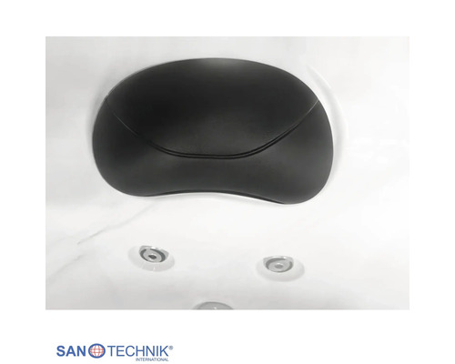 Nackenkissen für Whirlpool mit Massagedüsen und Sanotechnik Logo.