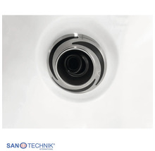 Nahaufnahme einer runden Whirlpooldüse mit spiralförmigem Design. Sanotechnik Logo.
