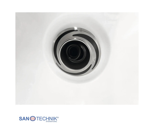 Nahaufnahme einer runden Whirlpooldüse mit spiralförmigem Design. Sanotechnik Logo.