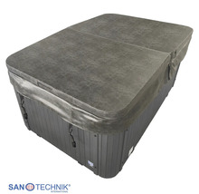 Sanotechnik Whirlpool-Abdeckung aus grauem Kunstleder mit Befestigungsgurten.