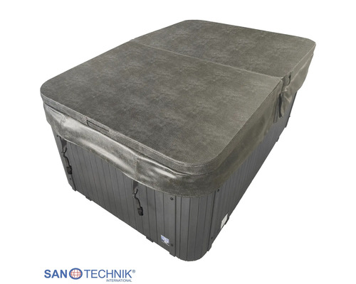 Sanotechnik Whirlpool-Abdeckung aus grauem Kunstleder mit Befestigungsgurten.