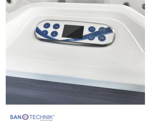 Digitales Bedienelement von Sanotechnik für Whirlpools mit Display und Funktionstasten für Temperatur und Massage. Sanotechnik Logo.