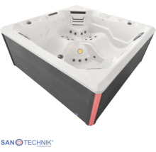 SANOTECHNIK Außen-Whirlpool mit grauer Verkleidung, weißer Wanne, mehreren Massagedüsen, Kopfstützen und integrierter Beleuchtung.