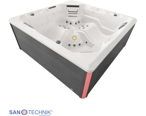 SANOTECHNIK Außen-Whirlpool mit grauer Verkleidung, weißer Wanne, mehreren Massagedüsen, Kopfstützen und integrierter Beleuchtung.