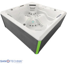 Quadratischer Sanotechnik Außenwhirlpool mit weißer Wanne, Massagedüsen und dunkler Außenverkleidung.
