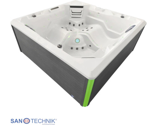 Quadratischer Sanotechnik Außenwhirlpool mit weißer Wanne, Massagedüsen und dunkler Außenverkleidung.