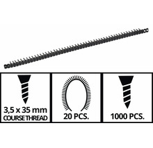 Magazinierte Schnellbauschrauben mit Grobgewinde, 3,5 mal 35 mm, 20 Stück pro Streifen, insgesamt 1000 Stück.