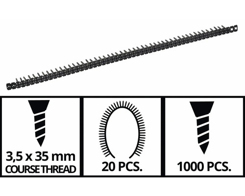 Magazinierte Schnellbauschrauben mit Grobgewinde, 3,5 mal 35 mm, 20 Stück pro Streifen, insgesamt 1000 Stück.