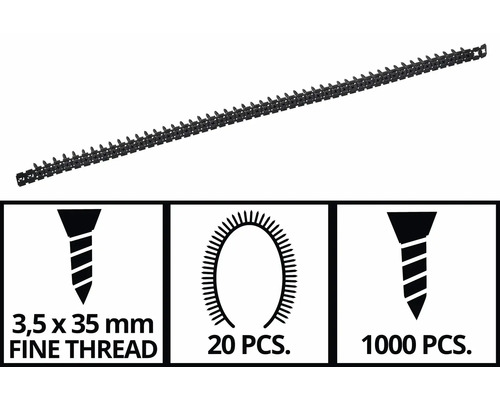 Magazinierte Schnellbauschrauben mit Feingewinde, 3,5 x 35 Millimeter, 1000 Stück, 20 Magazine.