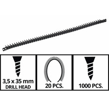 Magazinierte Schnellbauschrauben mit Bohrspitze, 3,5 mal 35 Millimeter, 1000 Stück in 20 Magazinstreifen.