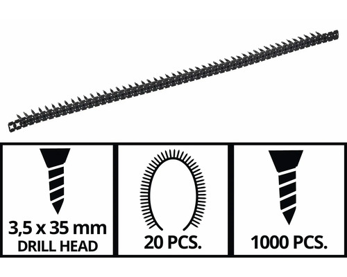 Magazinierte Schnellbauschrauben mit Bohrspitze, 3,5 mal 35 Millimeter, 1000 Stück in 20 Magazinstreifen.