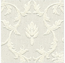 Vliestapete mit strukturiertem Barockmuster und floralen Ornamenten auf gewebtem Hintergrund.