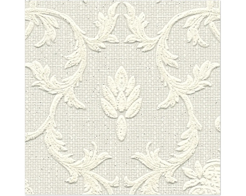 Vliestapete mit strukturiertem Barockmuster und floralen Ornamenten auf gewebtem Hintergrund.