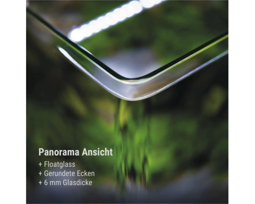 Detailaufnahme eines Panorama-Aquariums aus 6 Millimeter Floatglas mit abgerundeten Ecken.