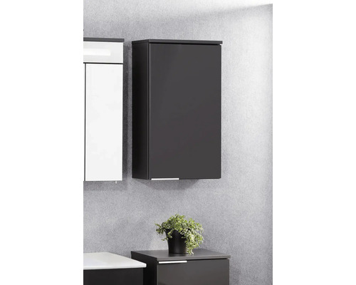 Wandhängender Badezimmer-Seitenschrank in Anthrazit mit minimalistischer Griffleiste unten.