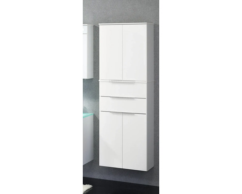 Weißer Badezimmer-Hochschrank mit vier Türen, zwei Schubladen und silberfarbenen Griffleisten.
