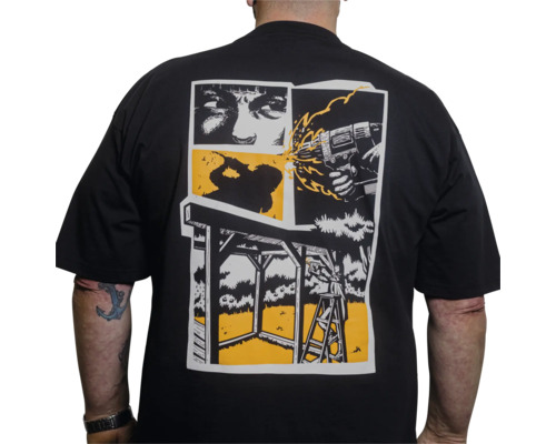 Schwarzes T-Shirt mit Comic-Grafikdruck auf dem Rücken, der Heimwerker- und Bau-Szenen zeigt.
