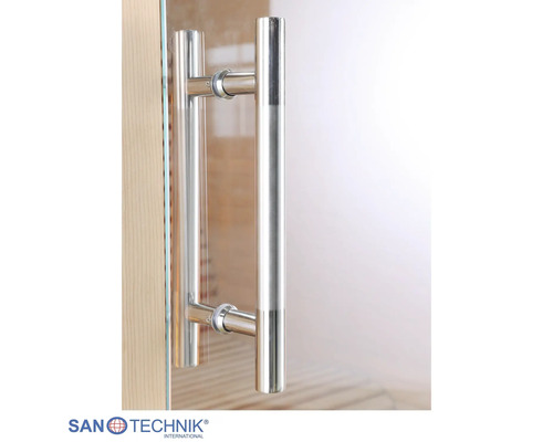 Sanotechnik Logo, Saunaglastür mit vertikalem Stangengriff aus Edelstahl.
