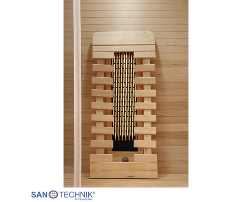 Infrarotstrahler für die Sauna mit Holzrahmen und Metallgitter, San Technik International Logo.