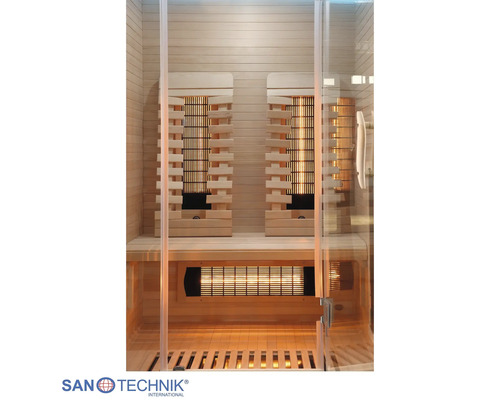 Infrarotkabine aus Holz mit Glaselementen, Infrarotstrahlern, ergonomischen Rückenlehnen und einer Sitzbank von Sanotechnik.