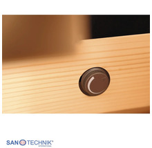 Sanotechnik International Logo. Drehregler für Saunasteuerung auf einer Holzoberfläche.