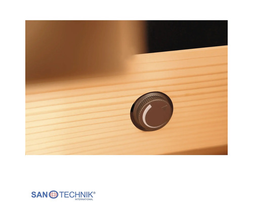Sanotechnik International Logo. Drehregler für Saunasteuerung auf einer Holzoberfläche.