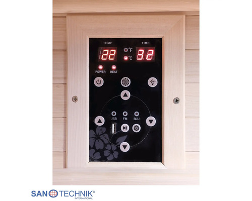 Digitales Bedienfeld einer Infrarotkabine mit Anzeigen für Temperatur und Zeit sowie Tasten für Musik und Licht. Sanotechnik Logo.