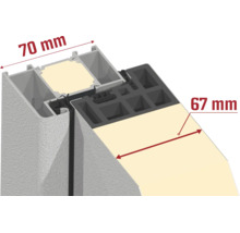 Querschnitt eines Fensterprofils oder Türprofils mit einer Rahmenbautiefe von 70 Millimeter und einer Paneelstärke von 67 Millimeter.
