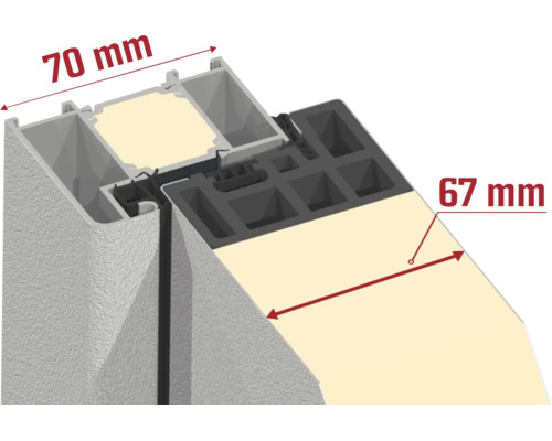 Querschnitt eines Fensterprofils oder Türprofils mit einer Rahmenbautiefe von 70 Millimeter und einer Paneelstärke von 67 Millimeter.
