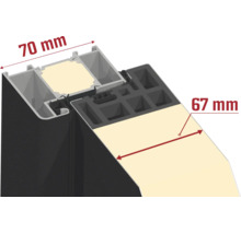 Querschnitt eines Türprofils mit einer Bautiefe von 70 Millimeter und einer Füllungsstärke von 67 Millimeter.